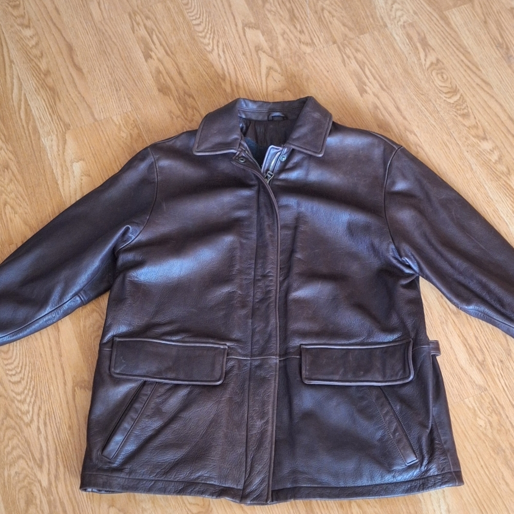 Vintage Eddie Bauer Brown Leather Jacket Fleece Landing Large EUC